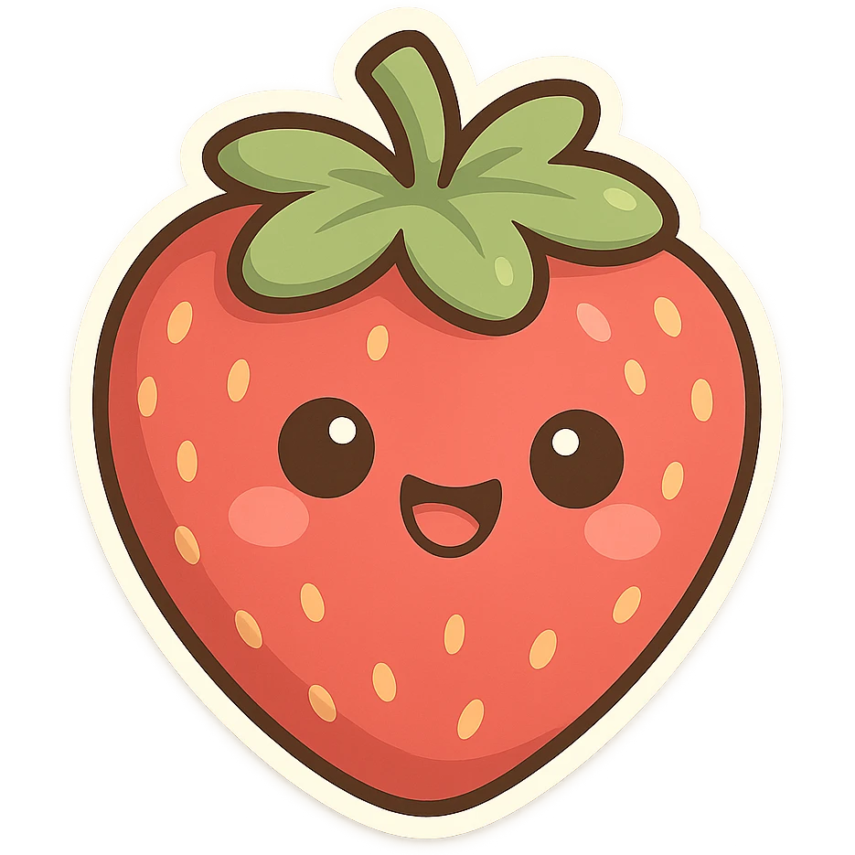chibi sticker-style strawberry with a smiling face, cute and exaggerated emoji