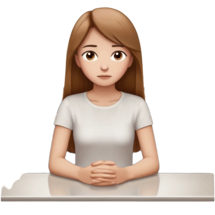 Cartoon emoji of a girl with long, straight light brown hair, fair skin, brown eyes. Wearing a white top and simple pants. Sitting alone at a café table, shoulders slightly hunched, head slightly down, looking unsure and thoughtful emoji