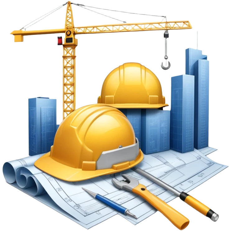 An icon featuring a blueprint, a hard hat, and a measuring tape, symbolizing architecture and construction. The design includes a building silhouette, cranes, and construction tools, representing the planning, design, and building processes. Transparent background. emoji