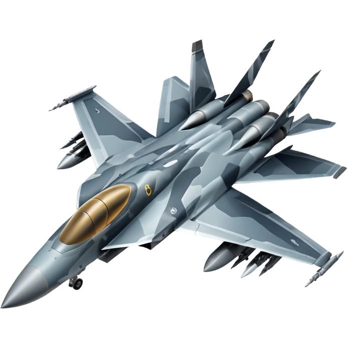 Draw a modern fighter jet with sharp wings, camo design & missiles mounted. emoji