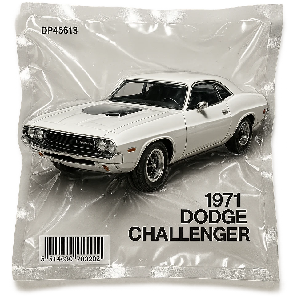 classic white 1971 Dodge Challenger, shiny and inflated, inspired by the film 'Death Proof' emoji