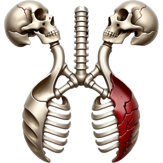 metallic anatomic bones with traces of blood, steel texture, dark dramatic tone, clean background emoji