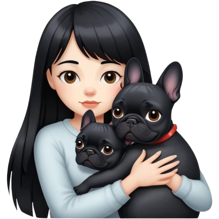 girl with long black  straight bangs hair and hugging a Black French Bulldog emoji