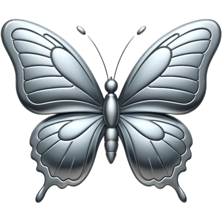 Liquid metal butterfly emoji, silver chrome material, iOS emoji style, smooth curves, reflective surface, elegant and minimal, white background emoji