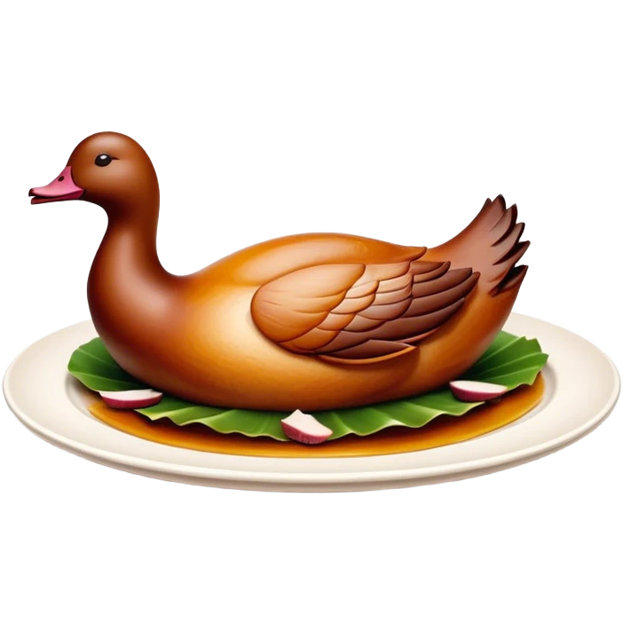 Peking Duck Cinematic Realistic Peking Duck Dish Emoji, depicted as thinly sliced duck breast with crispy skin and succulent meat, rendered with vivid textures and dynamic, appetizing lighting. emoji