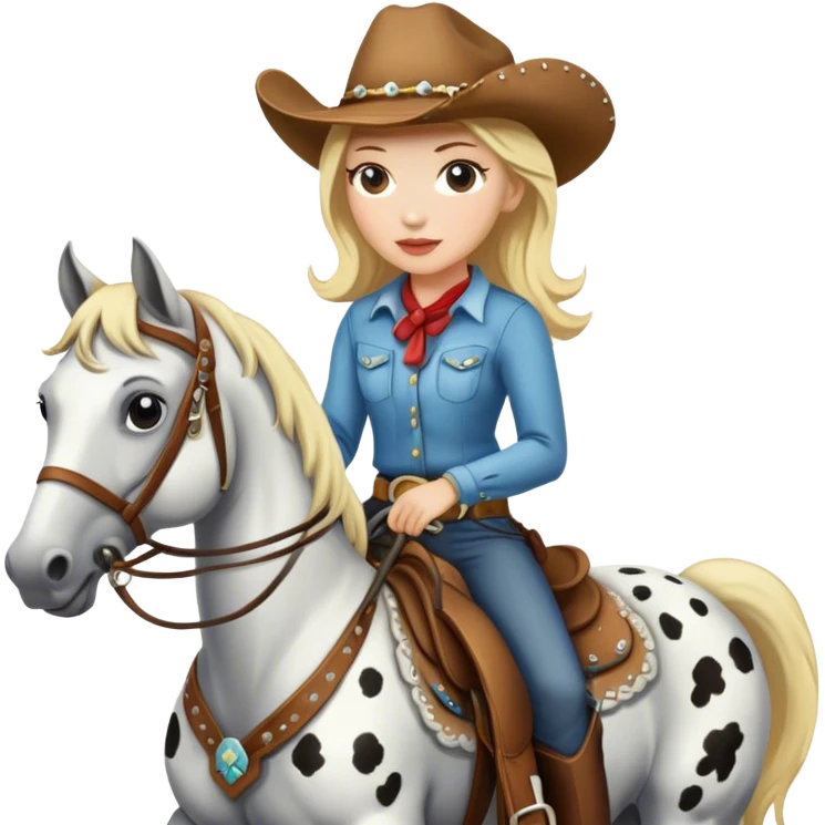 cowgirl that has white skin and blonde hair with appaloosa horse emoji