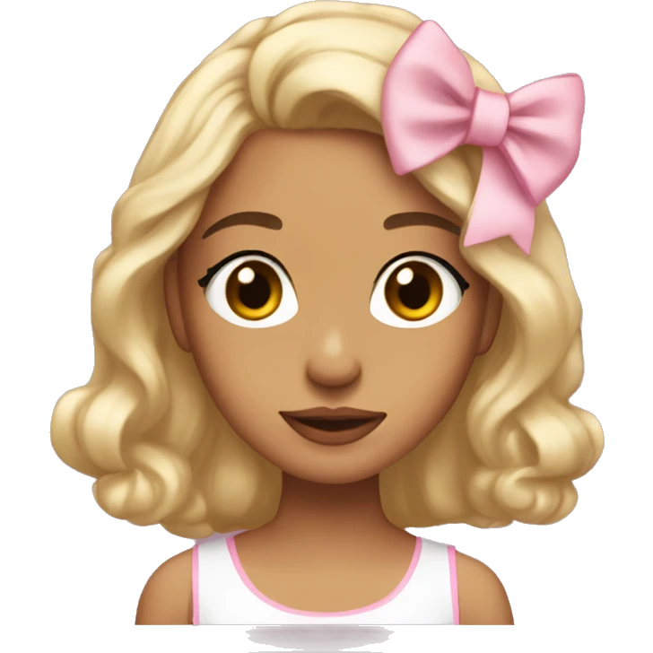 Coquette light skin brown straight medium lengh hair brown eyes with light pink  bow in her hair emoji