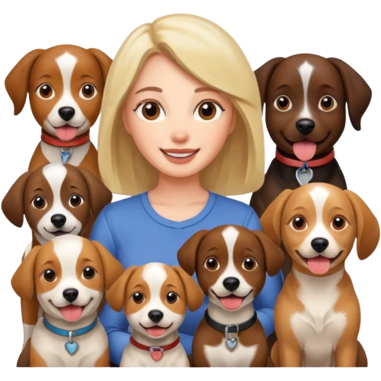 woman surrounded by 4 dogs emoji