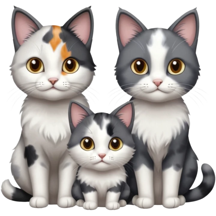 3 different coloured small cats including a dark grey and white, and a patchy calico and a solid grey with only white paws emoji