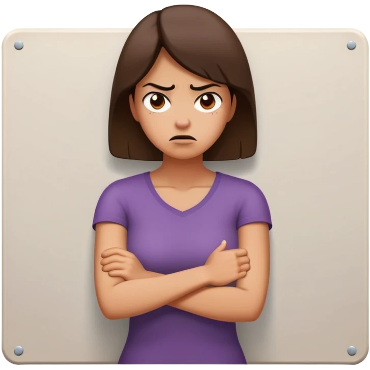 woman with avoidant attachment style with angry expression, arms firmly crossed creating barrier, body turned slightly away showing emotional distance, dismissive cold eyes, small wall or barrier symbol nearby emoji