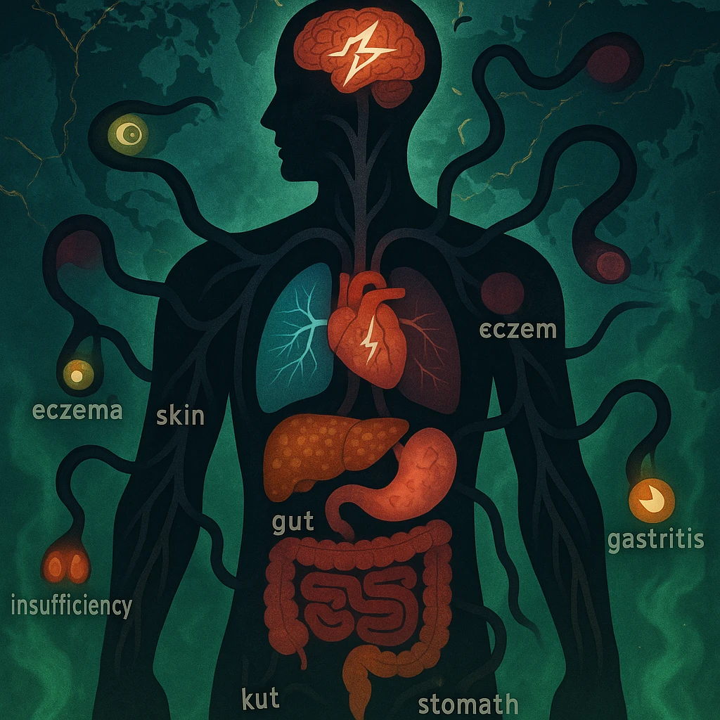semi-realistic, medical-fantasy style human silhouette with dark worm-like forms radiating to organs, each organ highlighted with a symbol or color for a specific disease (brain: migraine, heart: arrhythmia, lungs: asthma, liver: cirrhosis, gut: colitis, joints: arthritis, skin: eczema, eyes: conjunctivitis, kidneys: insufficiency, stomach: gastritis), world map background, glowing cracks, green mist, allegorical emoji