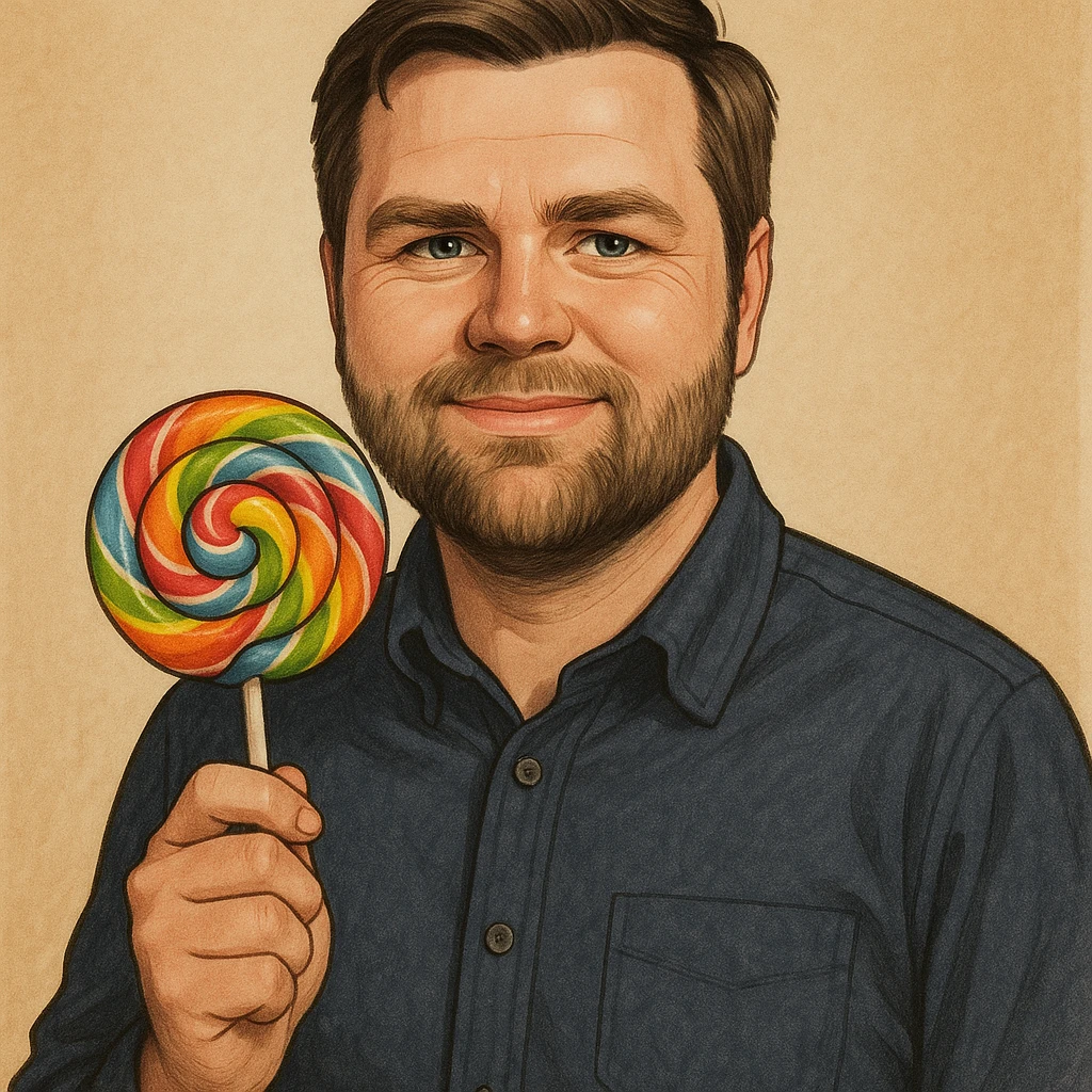 JD Vance holding a lollipop, realistic cartoon style emoji