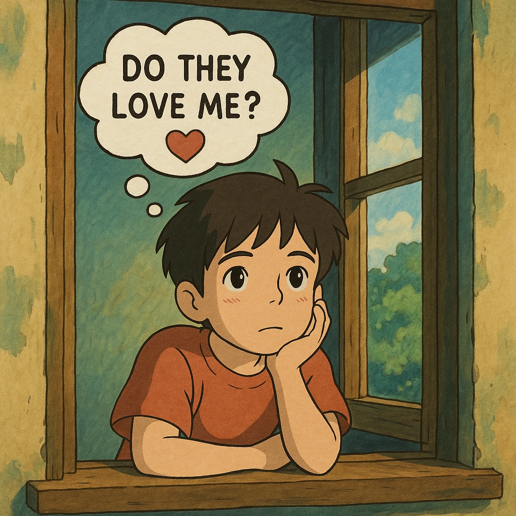 ghibli style illustration of a boy gazing out a window, dreamy expression, thought bubble with 'do they love me?' and a heart emoji