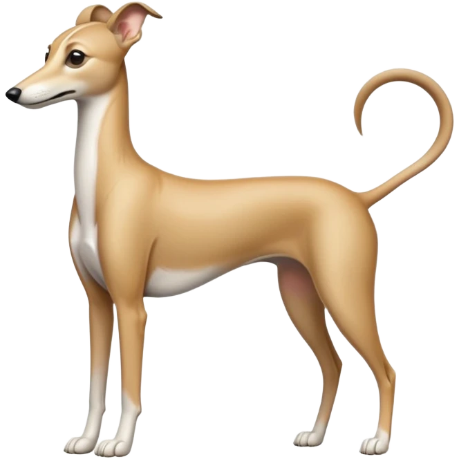 cinematic-[fawn greyhound]-realistic-full-body-standing-emoji,-tail-resting-loosely-beside-its-paws,-head-tilted-dramatically, -sleek-[light fawn]-fur,-simplified-yet-realistic-focused-features,-highly-detailed,-glowing-with-an-almost-sarcastic-glow emoji