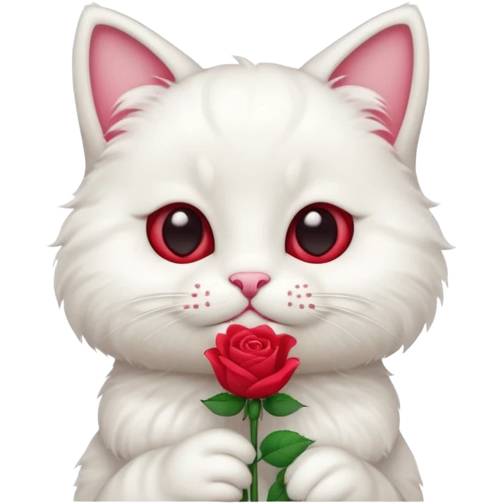 Cute emoji-style white cat holding a red rose in its mouth, big round eyes, fluffy fur, clean mascot style, centered, transparent background, 1:1 ratio. emoji
