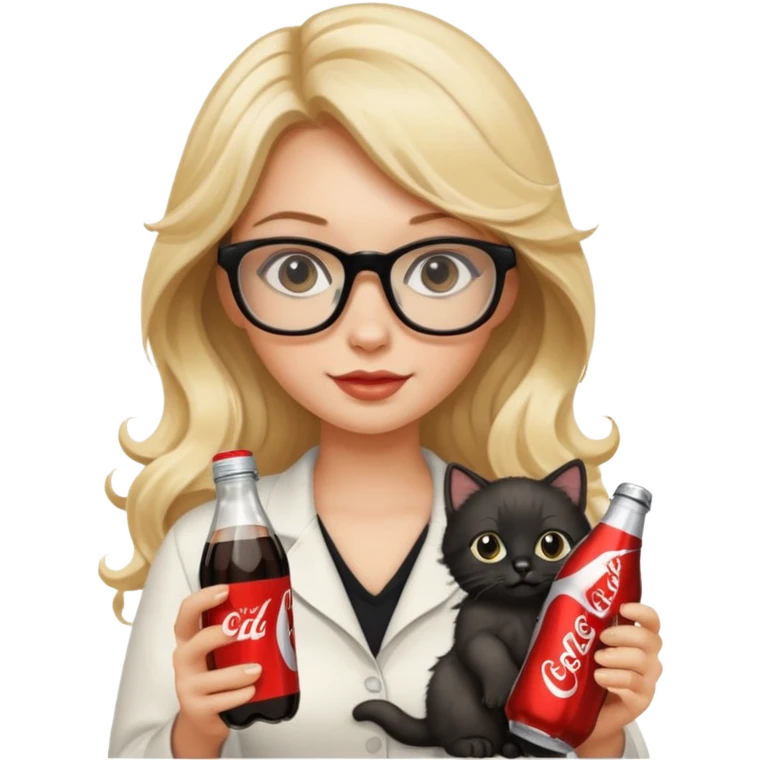 Beautiful blonde with glasses and long wavy hair holding a black kitten and a Diet Coke bottle in the other  emoji
