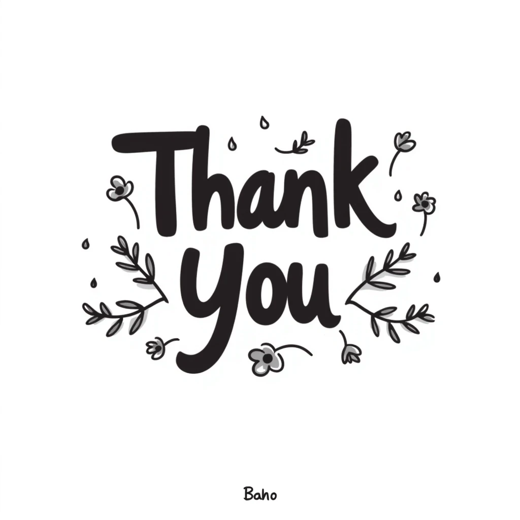 hand drawn 'Thank You' text with floral doodle decorations, doodle style emoji