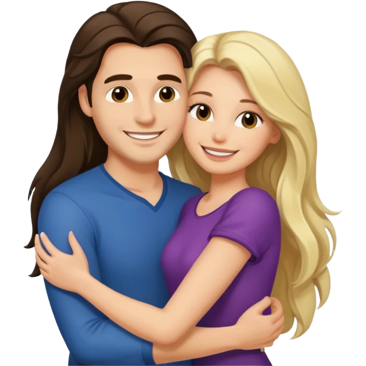 A happy boyfriend and girlfriend hug. She is brunette sexy with long hair. He is blonde emoji