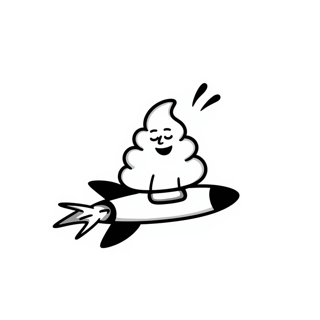 hand-drawn doodle of a turd with lipstick riding a rocket emoji