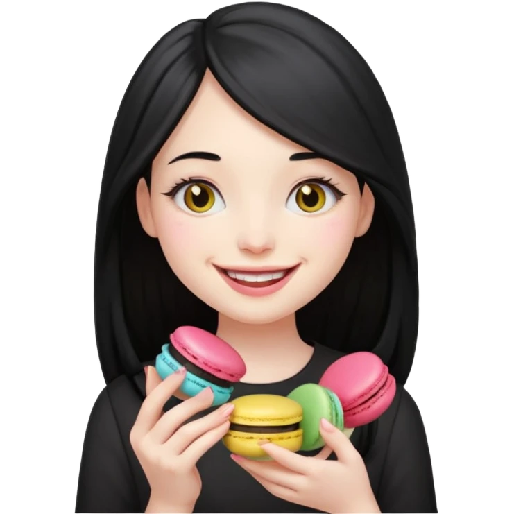 pale girl with long black hair holding a macaron, smiling, emoji style emoji