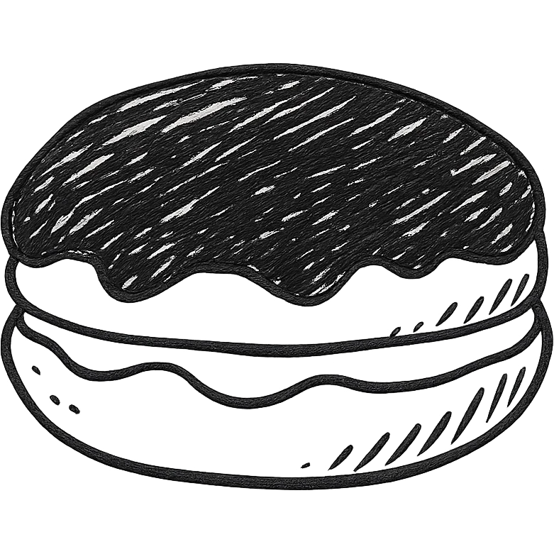 hand-drawn outlined Boston cream donut with chocolate top and custard filling emoji