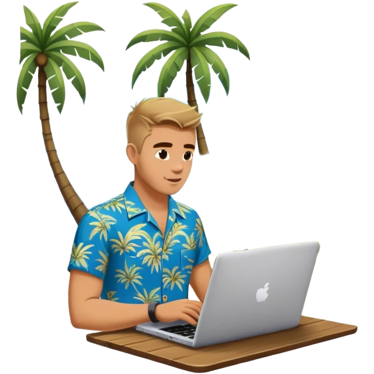 A digital nomad in bali working on a laptop wearing a tropical blue shirt with a palm tree on the side emoji