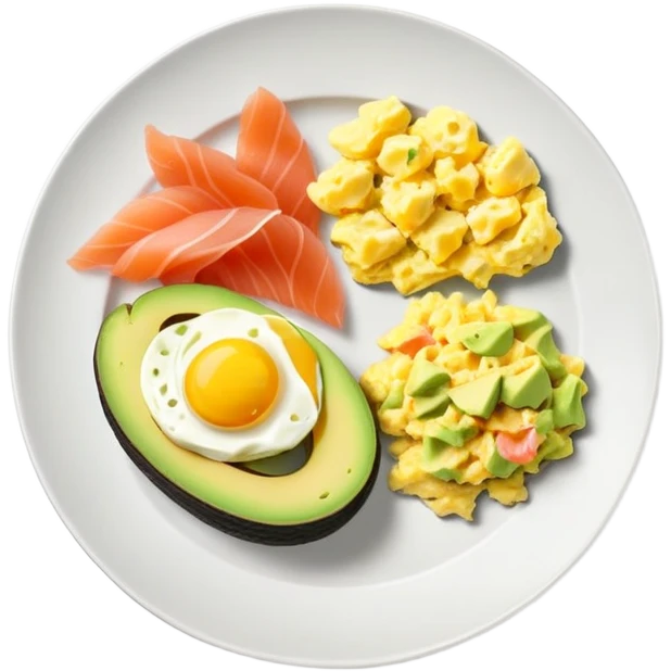 Breakfast plate with sliced avocado, scrambled-eggs and smoked salmon emoji
