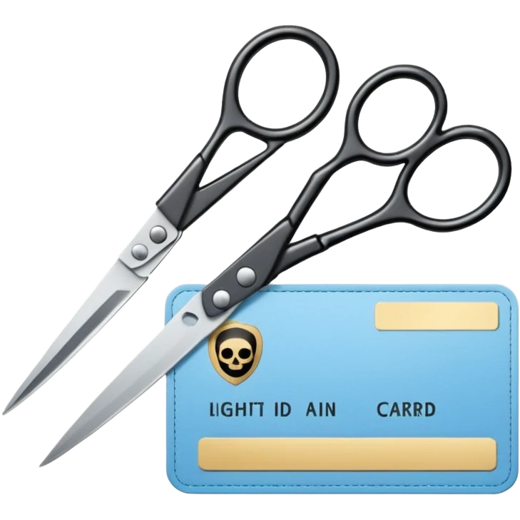 Floating black Scissors cutting a light blue idf ID card in 2 parts .hyper realistic emoji