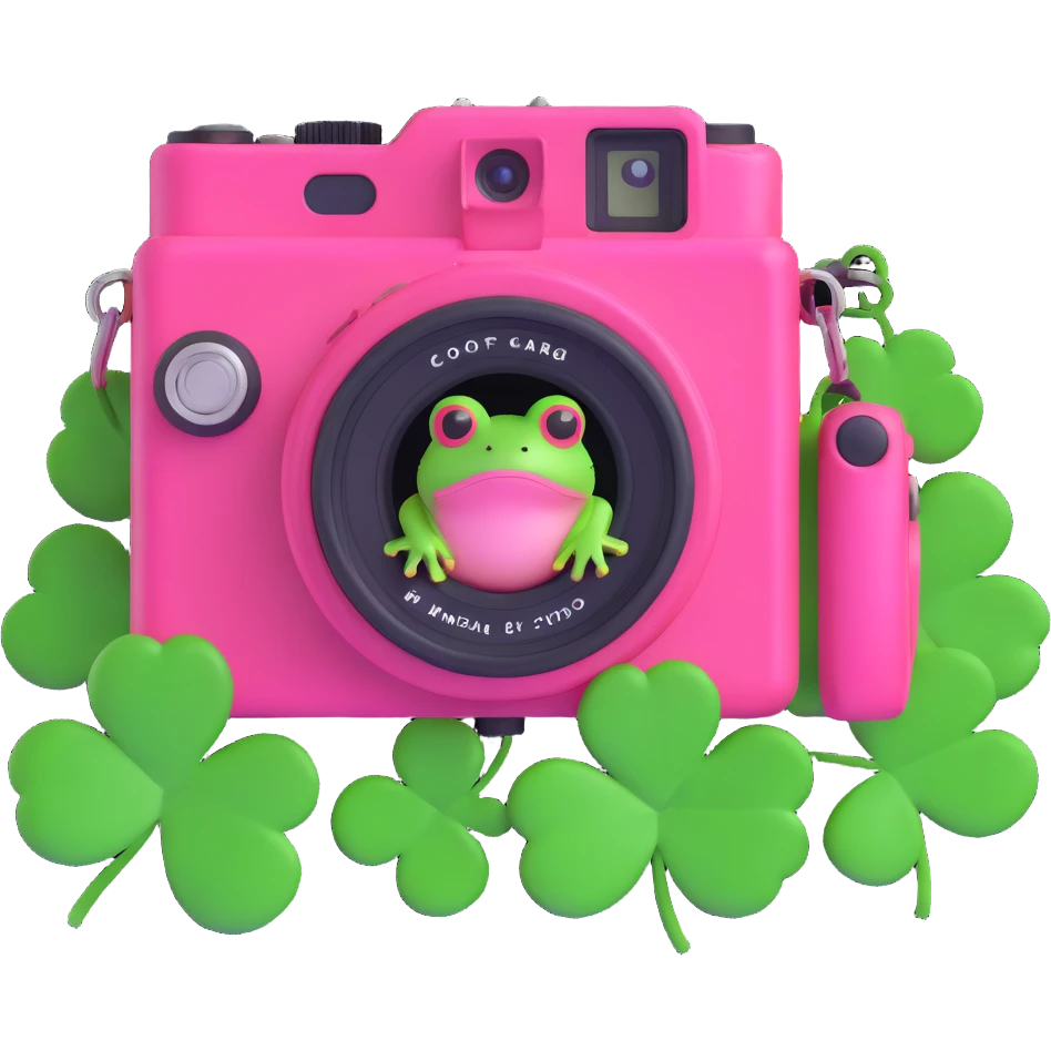 A pink camera with a frog on the screen and clovers around, 3D iOS style, vibrant pink camera with green frog and clovers, variation 3 emoji