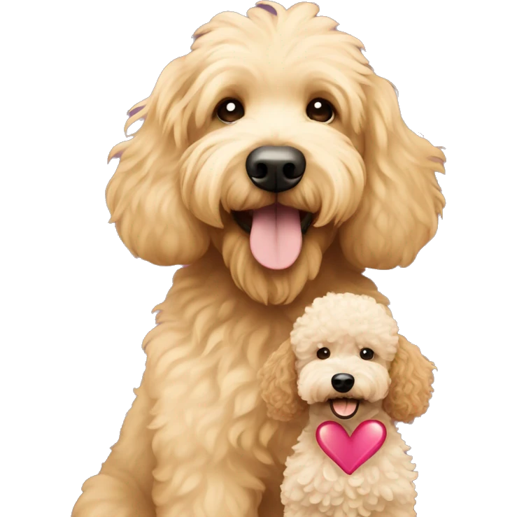 A goldendoodle and a miniature poodle hugging with heart emoji