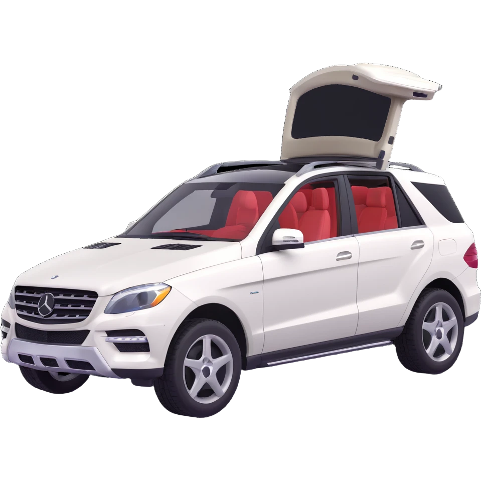 2015 Mercedes Benz ML350 SUV, white exterior, black interior, front angle, exterior doors open, 3D style emoji