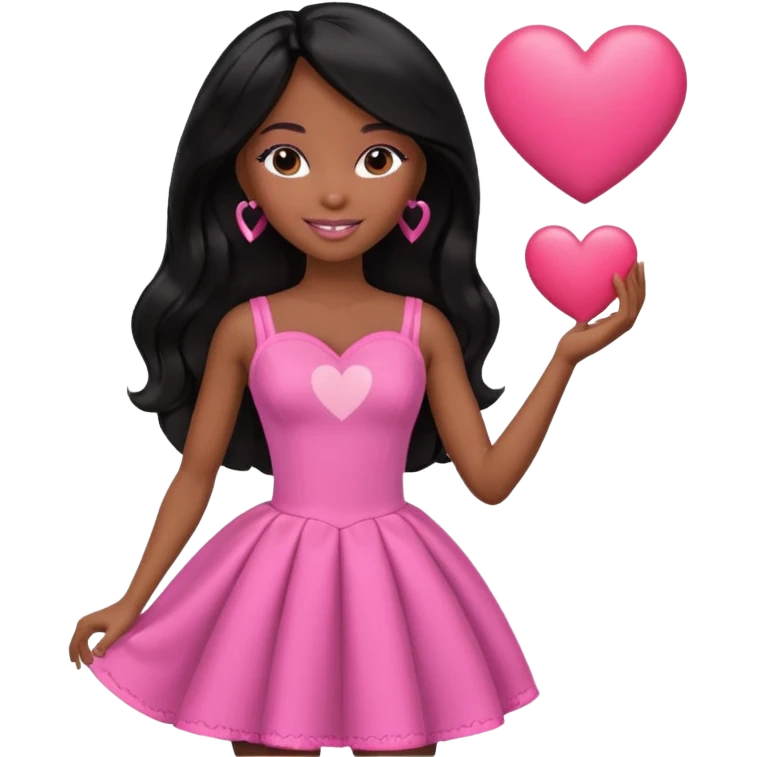 Black barbie, long black  hair, pink dress holding big heart that says heart me emoji