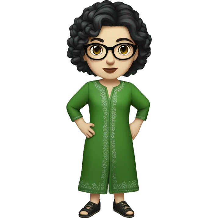 White girl in a green kurta with flower design, glasses, alot of piercing, gay, red lips, nose ring, full body, teen, short black straight edgar hair,  emoji