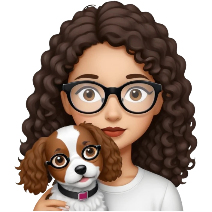 A girl whit dark brown long curly hair and black glasses and a jack russel emoji