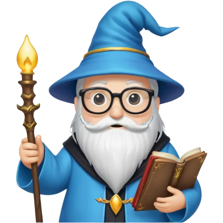 cartoon penguin wizard with glasses, a long beard, and a spellbook, surrounded by magical effects, emoji style emoji