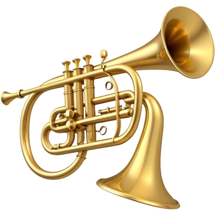 Create a sleek and polished emoji representing the Brahner trumpet. The design should feature the shiny brass body of the trumpet, with its distinct bell shape and coiled tubing. Highlight the three smooth, finger-operated valves, and the mouthpiece at the top of the instrument. The finish of the trumpet should be a rich, golden brass tone with subtle reflections, giving it a polished and professional appearance. Add musical notes or soundwaves around the bell of the trumpet to evoke its bold and brassy sound. Use golden, brass, and silver tones to emphasize the vibrant, high-quality design of the trumpet. The background should be transparent. emoji