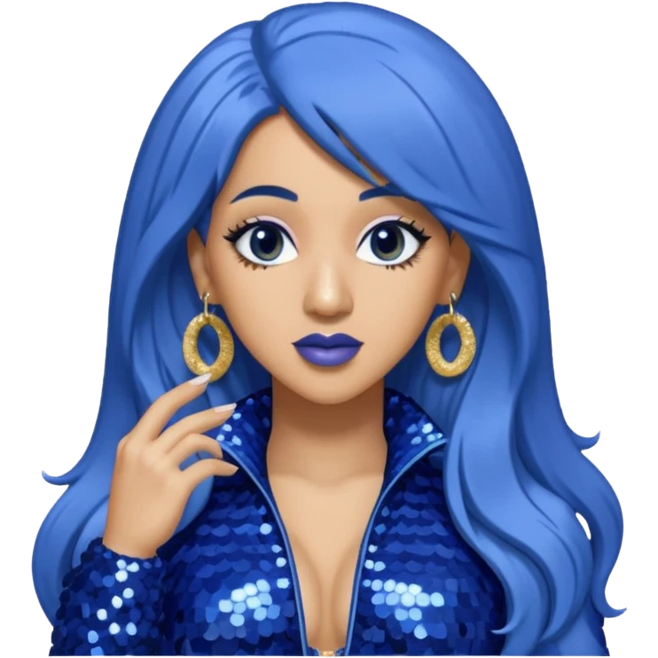 Cardi B with long dark blue hair, light periwinkle sequin outfit emoji