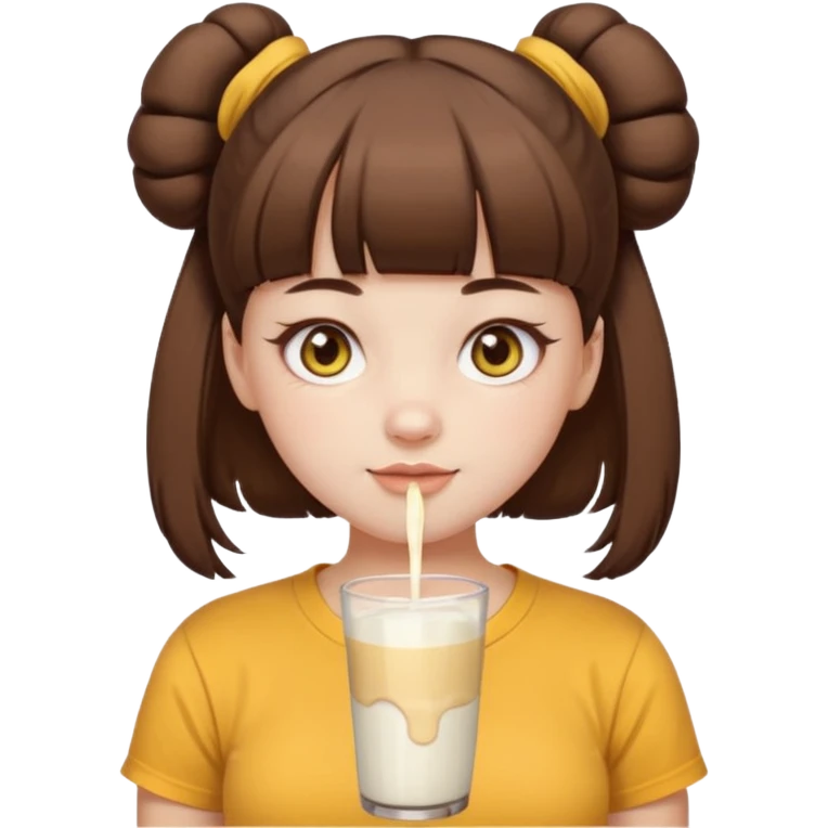 beautiful girl with brown hair with up twin buns style only, straight bangs, yellow eyes, milk brown tshirt, white skin, her body is a little fat  emoji