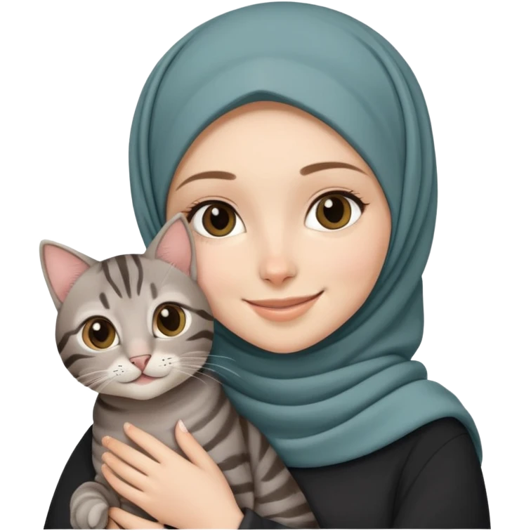 White girl wearing hijab smiling while holding a black grey tabby cat emoji