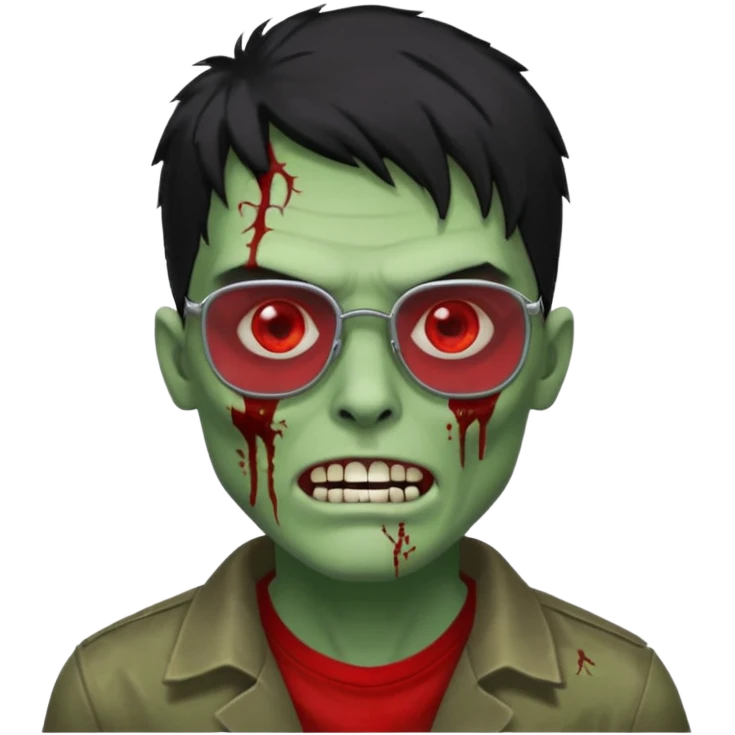 homem zumbi de óculos cabelo preto com muita olheira deixar pele dele verde dentes brancos e olhos vermelhos e ensanguentados deixar óculos quadrado e preto e olhos cheio de veias vermelhas e encher o rosto de piercings colocar piercing em todo rosto piercing prata emoji