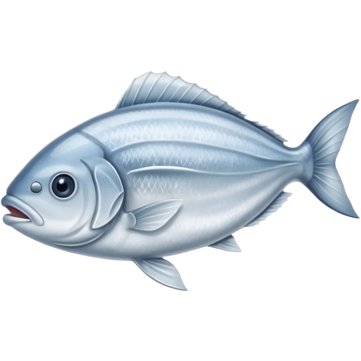 whole silver fish or fillet encased in a thin layer of frost, subtle ice crystals on the surface, slightly muted color tone, texture firm and chilled, clean defined contours, no packaging, tray, or garnish, soft lighting, subtle shadows, emoji scale emoji