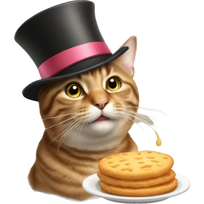 tabby cat with a tophat and a bow trying to eat food emoji