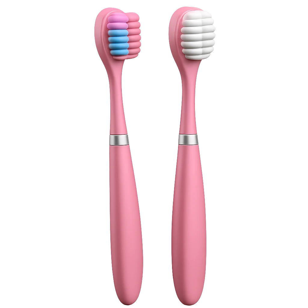 Edit the toothbrush image to have a pink handle while keeping the design clean and modern with a slim, slightly curved handle and compact head. The bristles should remain soft, evenly spaced, and clearly visible. Maintain the Apple-style 3D rendering, soft lighting, subtle shadows, and transparent background. No anthropomorphic features. emoji