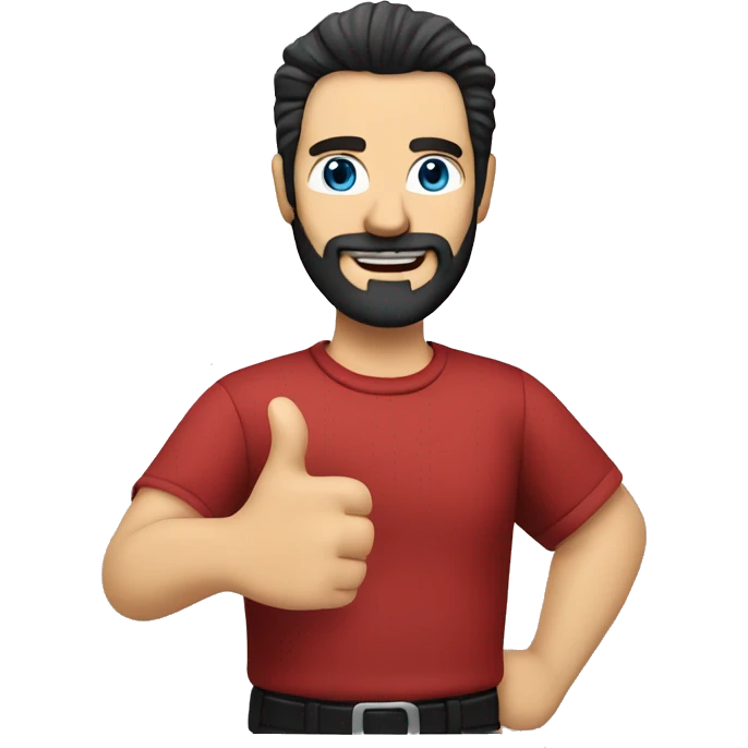 A middle-aged Caucasian man with a beard and spiky black hair wearing a red shirt giving a thumbs up gesture emoji