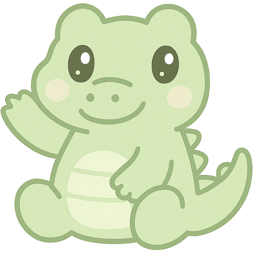 kawaii style crocodile, sitting, waving, soft green, sparkly eyes emoji