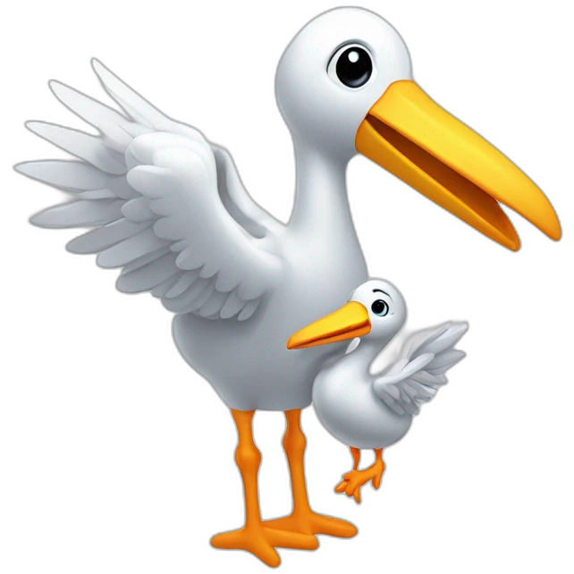 stork delivering a white human baby boy in fabric held in its beak you can see the baby head from the fabric with a smile emoji