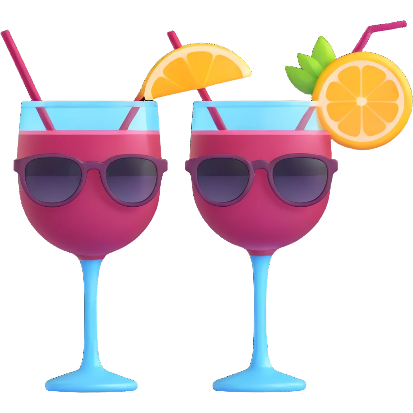 3D emoji style cocktail glass with burgundy drink and a pair of sunglasses resting on the rim emoji