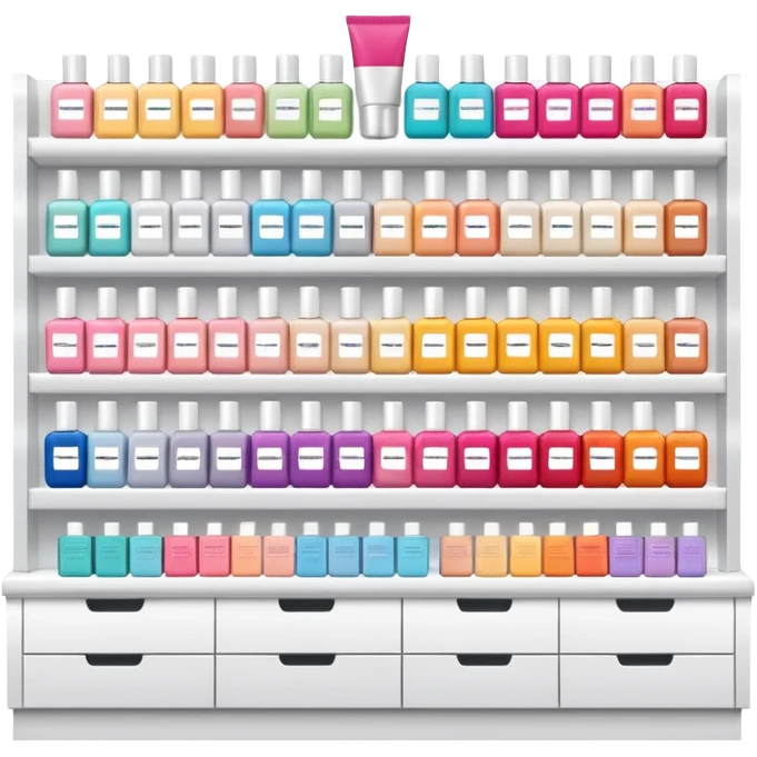 big beauty salon showcase with well-organized brand-labeled beauty products on a white shelves emoji
