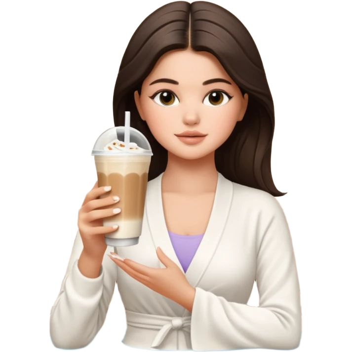 Selina Gomez holding an ice latte, doing yoga, traveling. spa, massage, luxury  vibes. Mood: calm, rich, feminine, magnetic. emoji