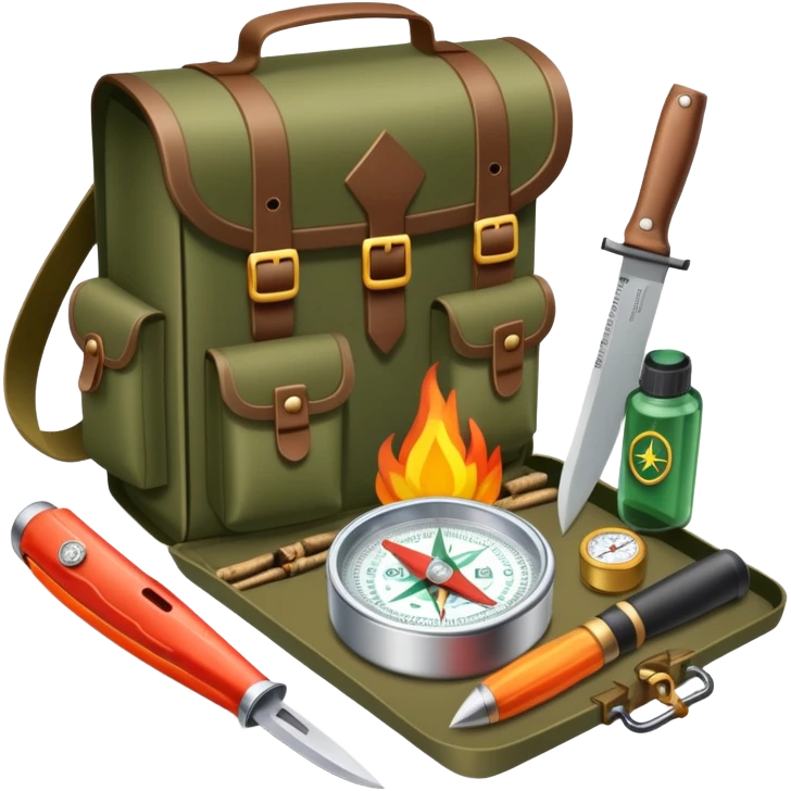 bushcraft survival kit with knife, compass, and fire starter emoji